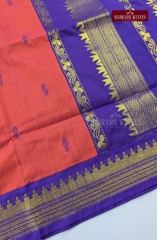 Premium Kalyani Gadwal Cotton Saree - Pinkish Orange
