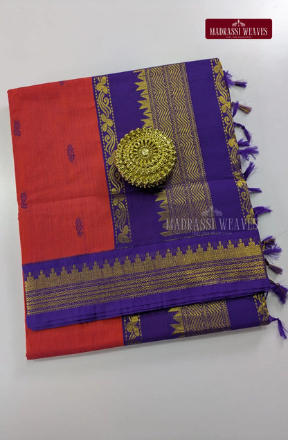 Premium Kalyani Gadwal Cotton Saree - Pinkish Orange