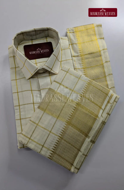 Premium Men's Checkered Pure Cotton Dhoti Set - White