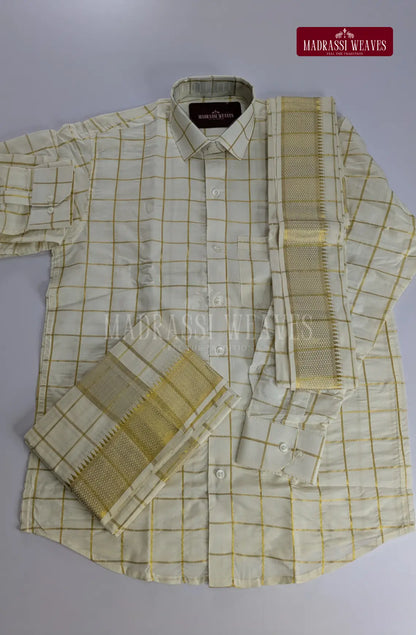 Premium Men's Checkered Pure Cotton Dhoti Set - White