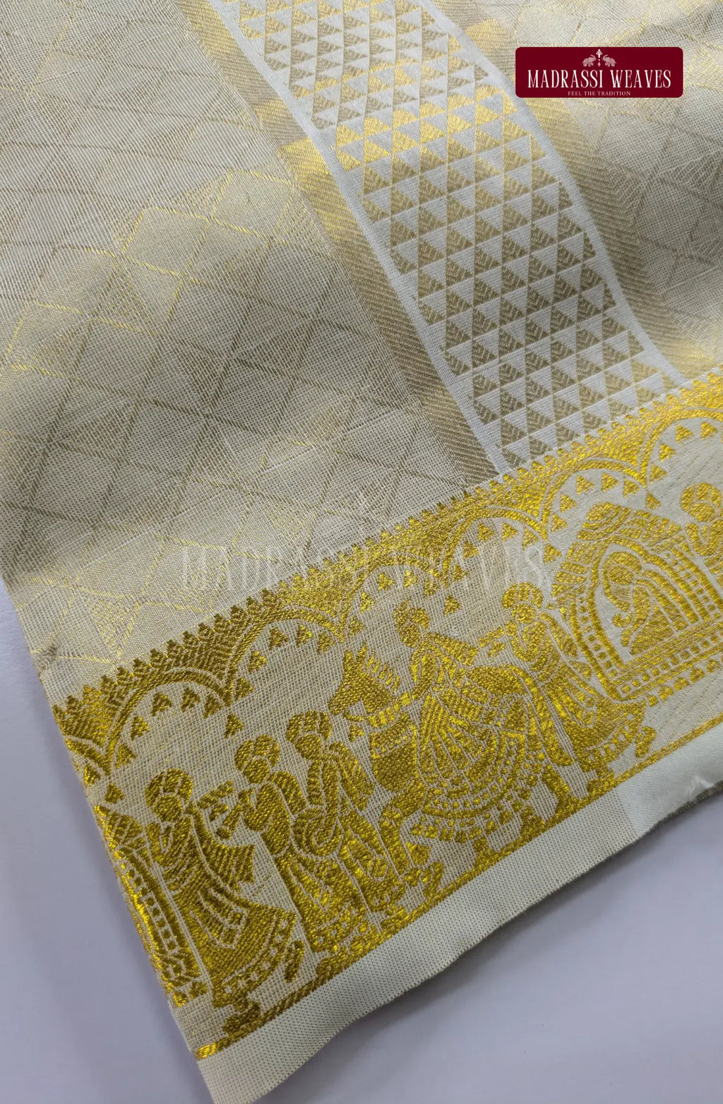 Premium Pallakku Embossed Cotton Tissue  Dhoti Set - Cream