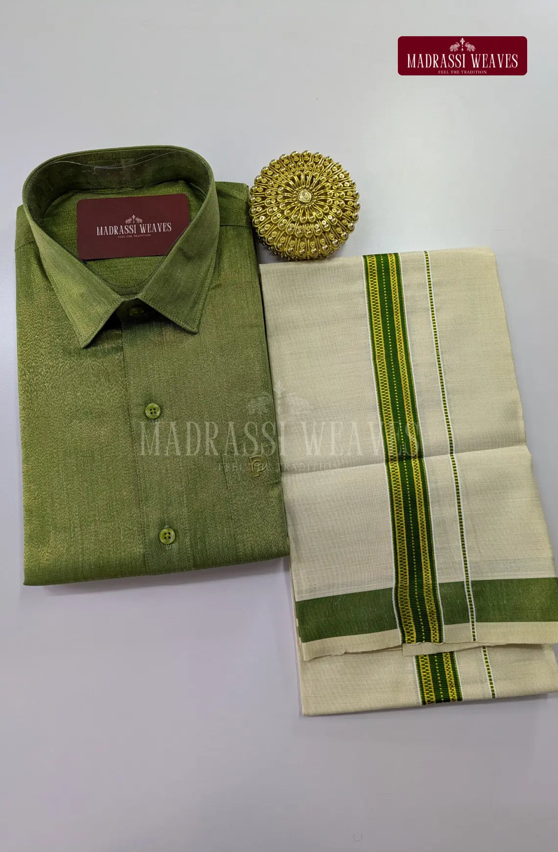Premium Shiny Cotton Tissue Dhoti Set - Green