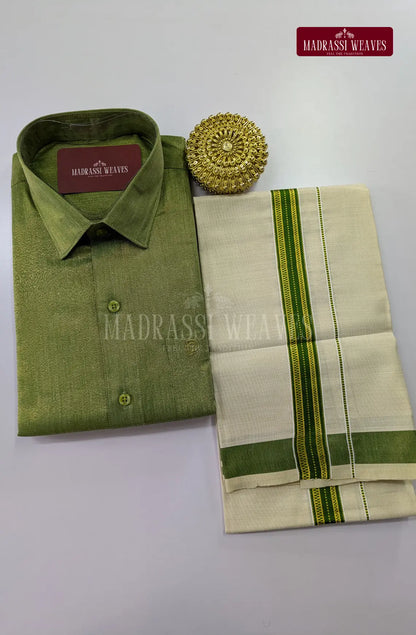 Premium Shiny Cotton Tissue Dhoti Set - Green