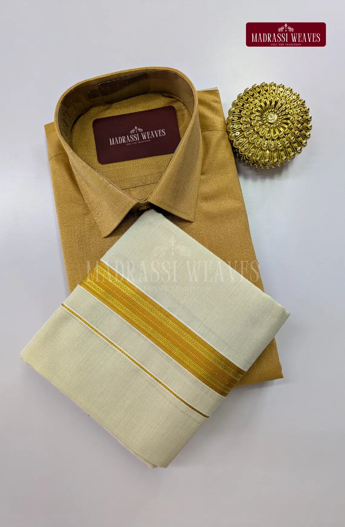 Premium Shiny Cotton Tissue Dhoti Set - Methi Yellow – Madrassi Weaves