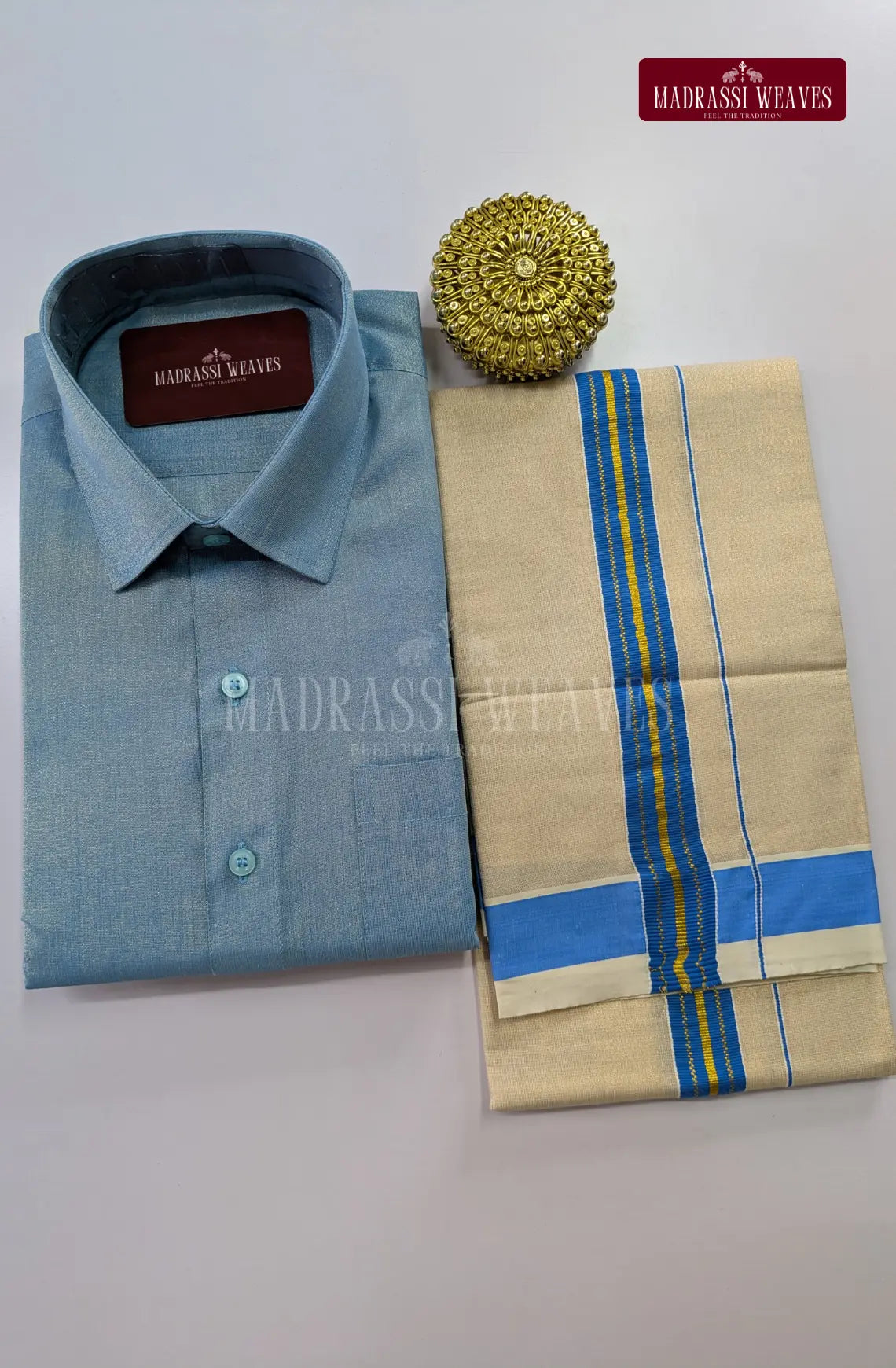 Premium Shiny Cotton Tissue Dhoti Set - Sky Blue