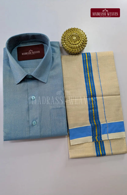 Premium Shiny Cotton Tissue Dhoti Set - Sky Blue