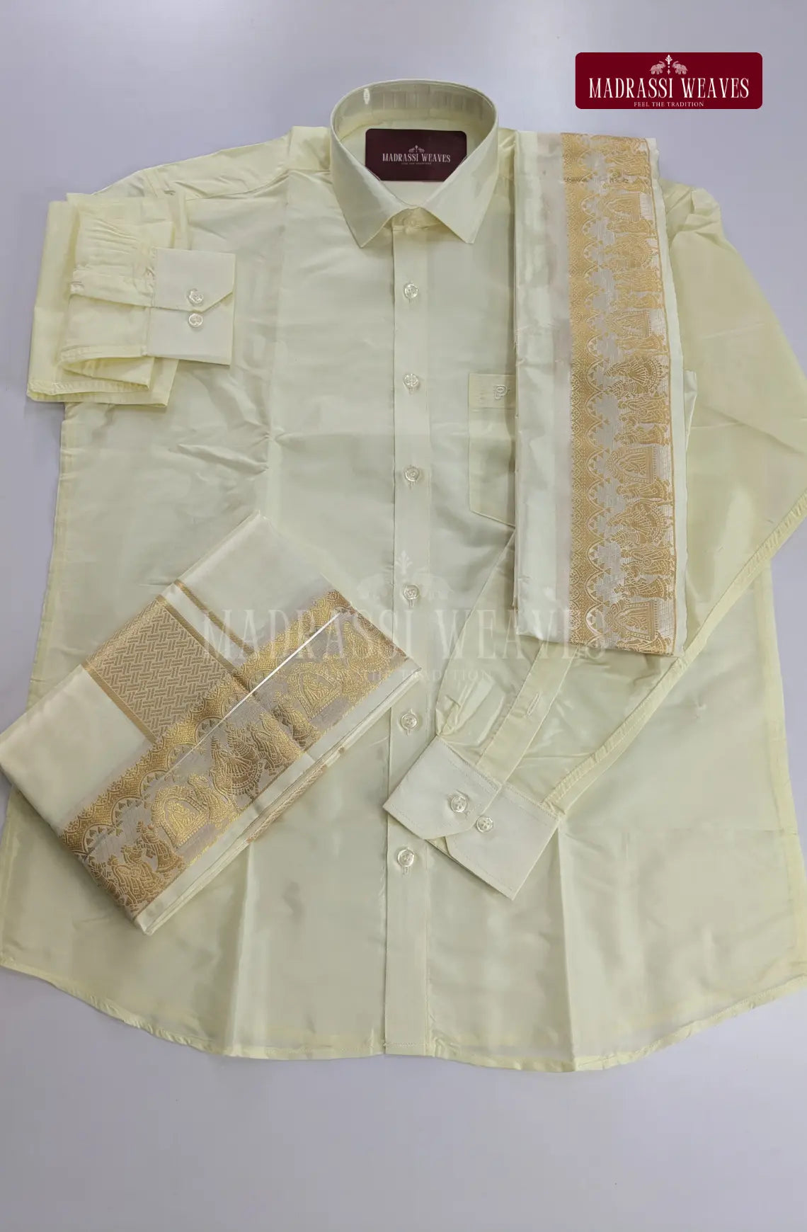 Premium  Zari Art Silk Pallakku Dhoti Set - Off White