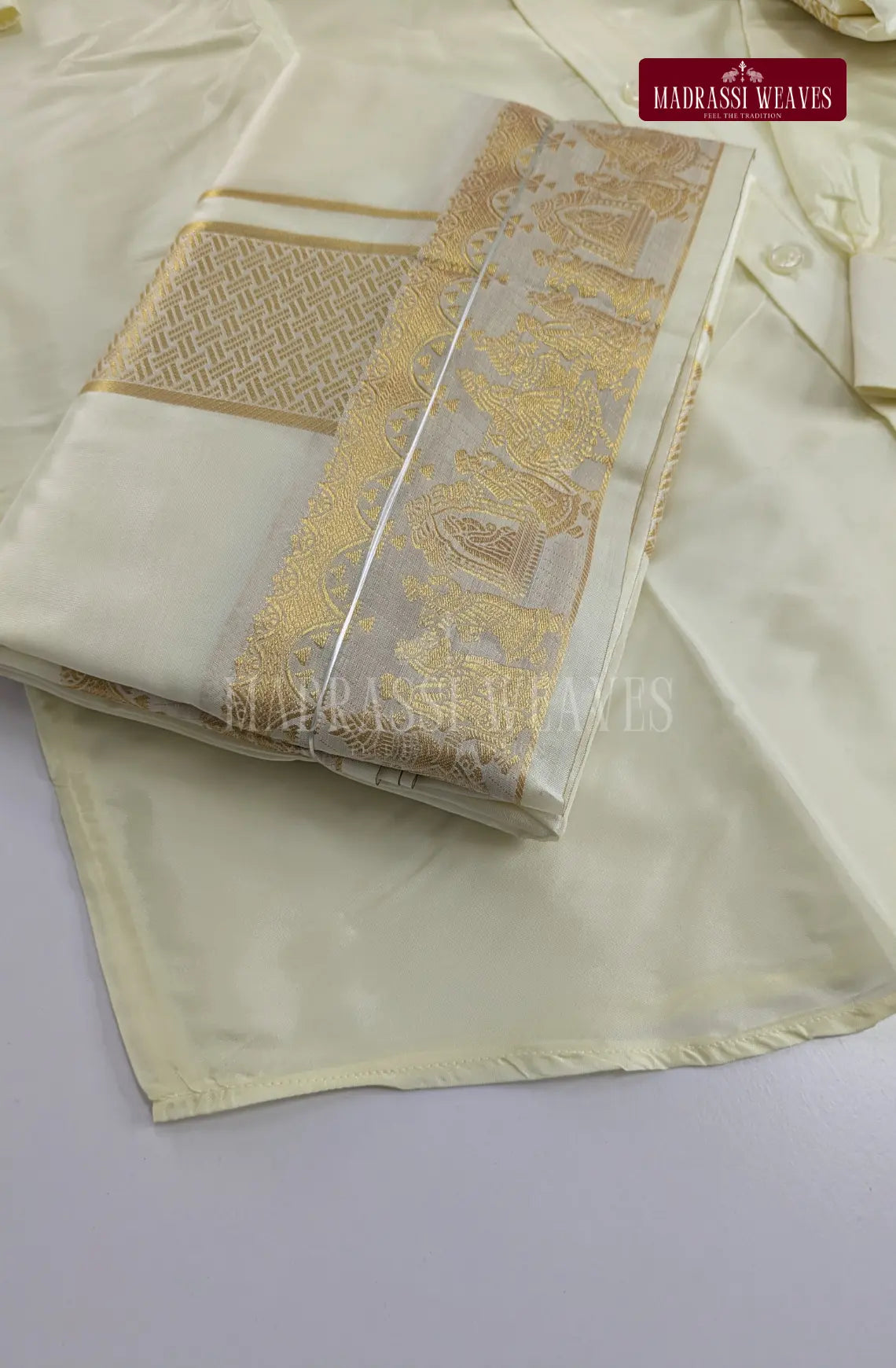 Premium  Zari Art Silk Pallakku Dhoti Set - Off White