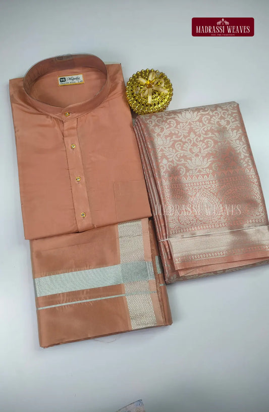 Premium Art Silk Kurta Saree Couple Combo - Copper
