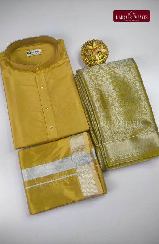Premium Art Silk Kurta Saree Couple Combo - Jari Gold