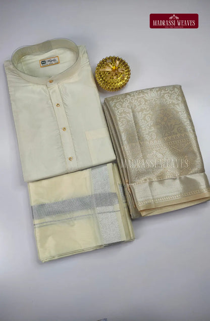 Premium Art Silk Kurta Saree Couple Combo - Pearl White