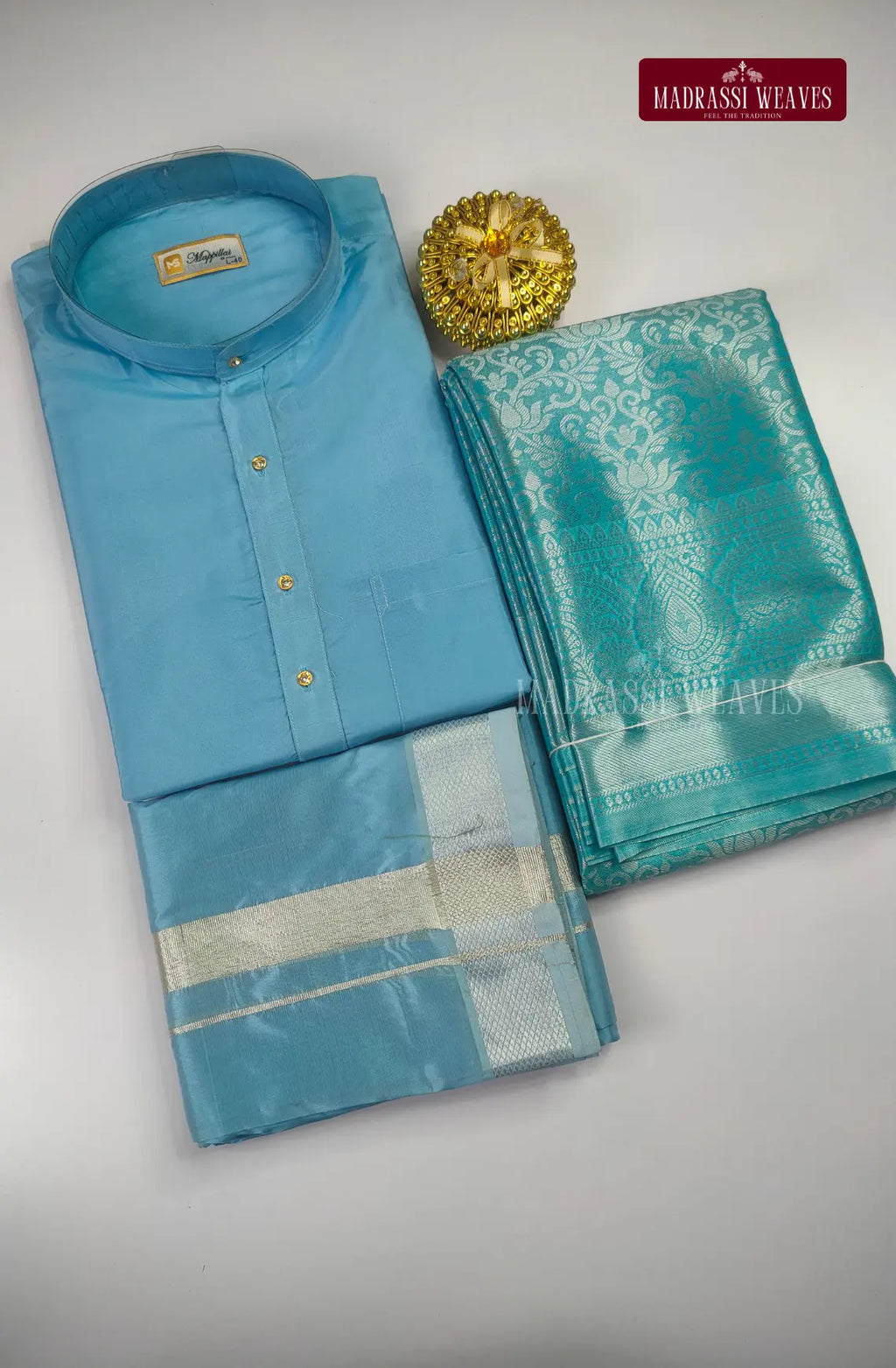 Premium Art Silk Kurta Saree Couple Combo - Sky Blue
