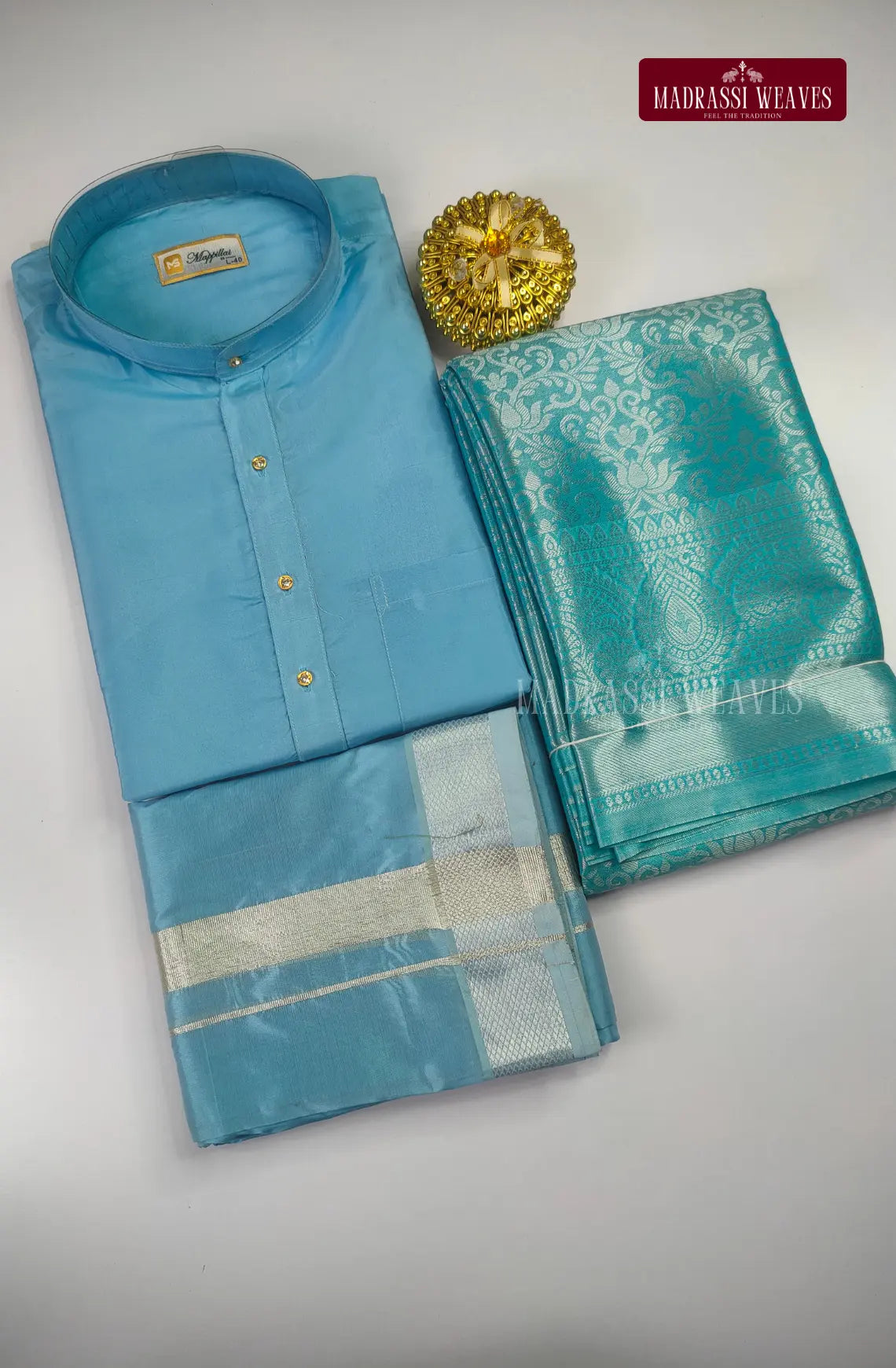 Premium Art Silk Kurta Saree Couple Combo - Sky Blue