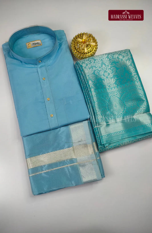 Premium Art Silk Kurta Saree Couple Combo - Sky Blue