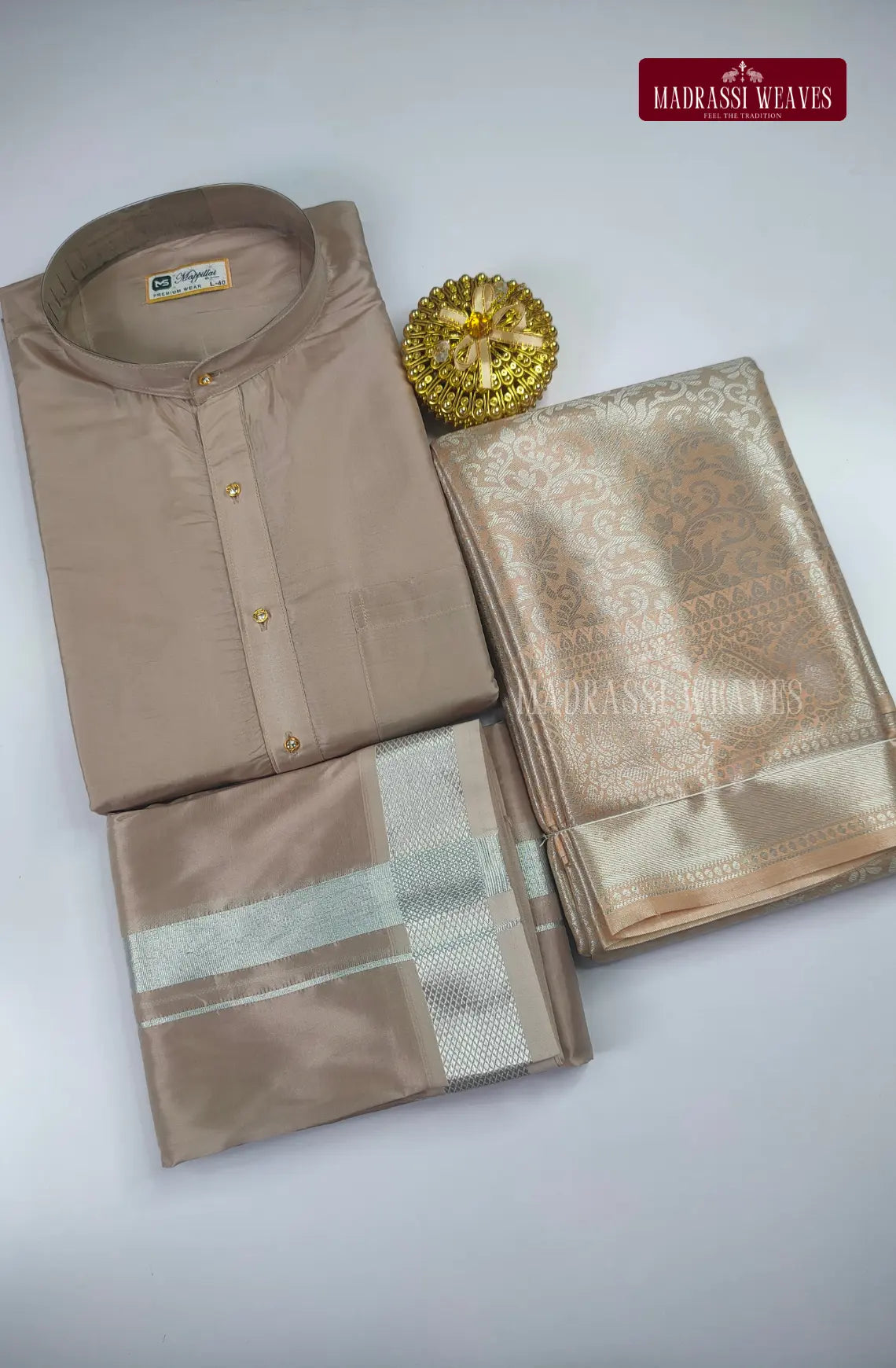 Premium Art Silk Kurta Saree Couple Combo - Sand Stone
