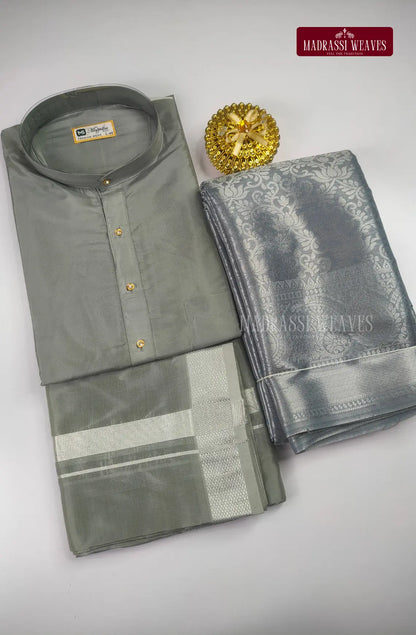 Premium Art Silk Kurta Saree Couple Combo - Steel Grey