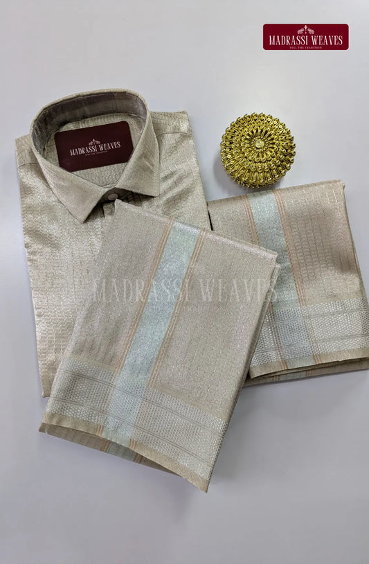 Premium Art Silk Tissue Dhoti Set - Silver