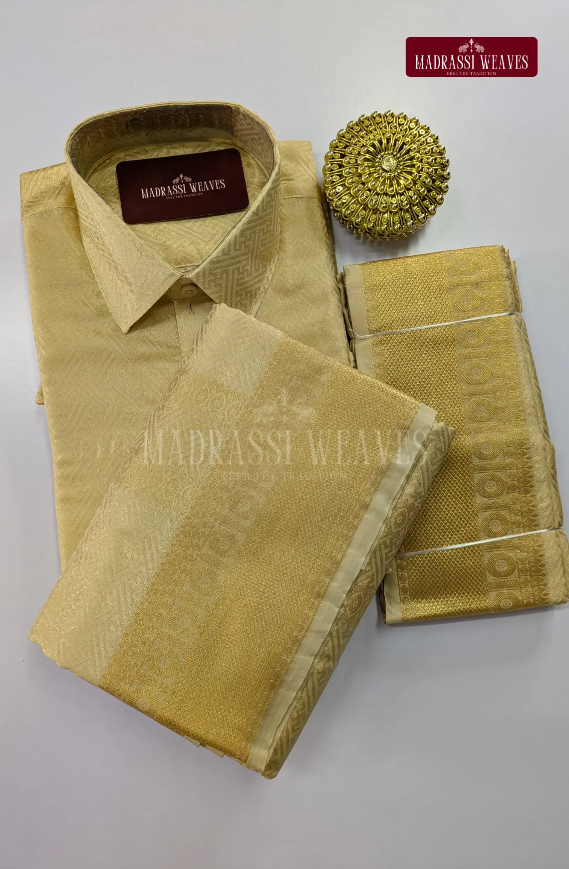 Premium Ethnic Embossed Men's Dhoti Set - Sandalwood – Madrassi Weaves
