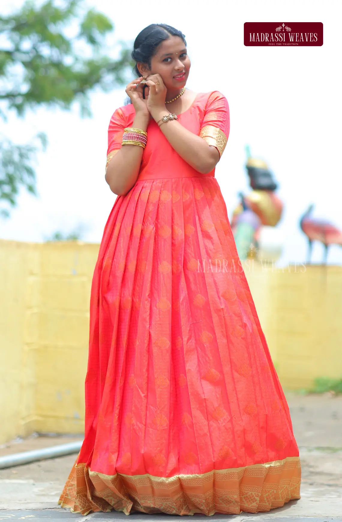 Premium Ethnic Silk Gown - Kesari Glow