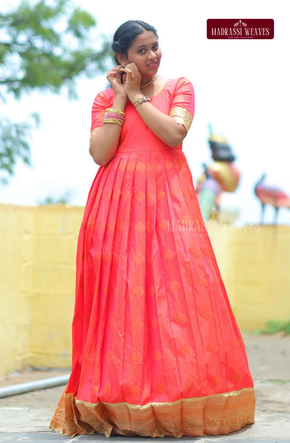 Premium Ethnic Silk Girl's Dress - Kesari Glow