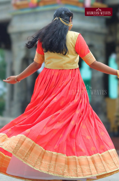 Premium Ethnic Silk Girl's Dress - Kesari Glow