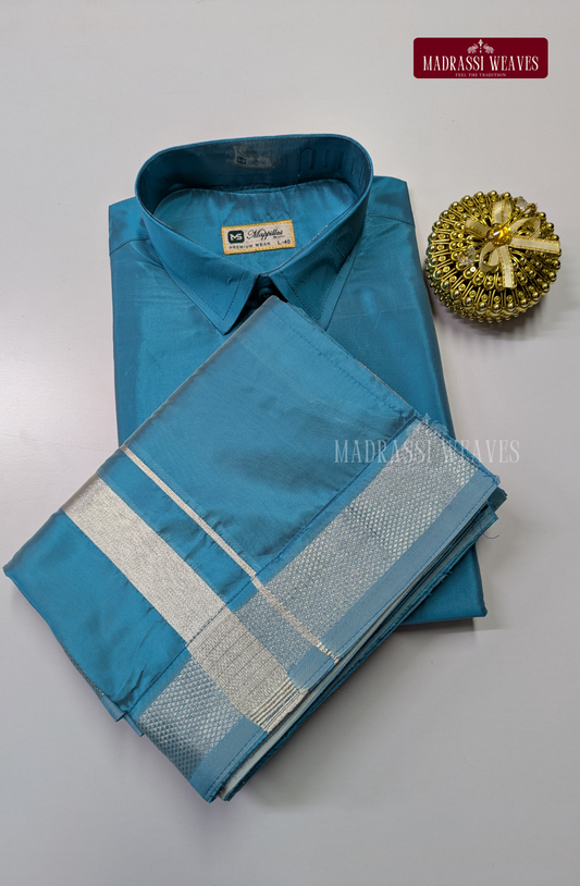 Premium Japan Silk Dhoti Set - Aqua Blue