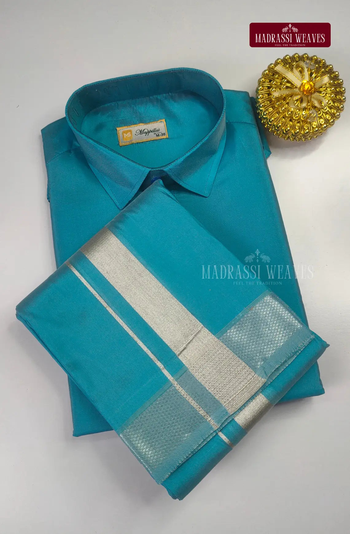 Kids Premium Silk Dhoti Set - Aqua Blue