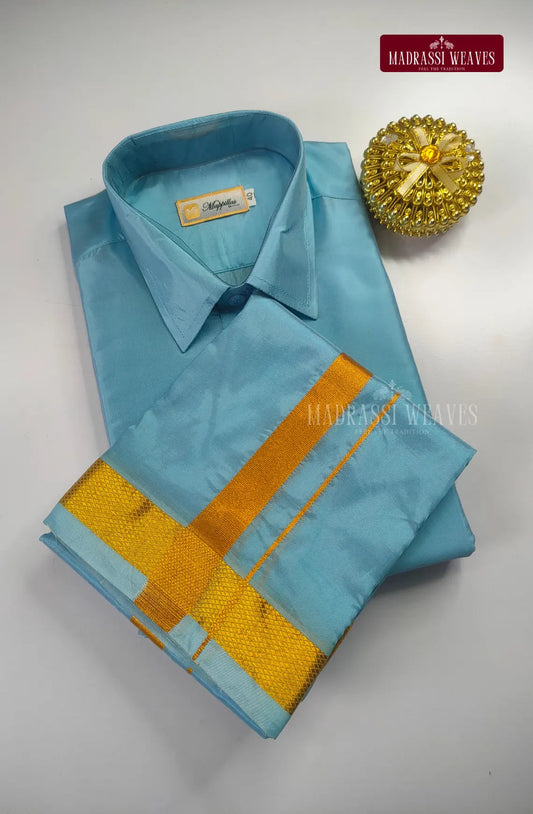 Premium Japan Silk Dhoti Set with Gold Zari - Sky Blue