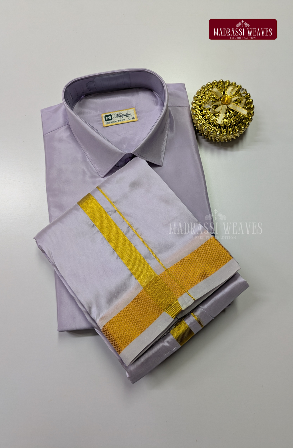 Premium Japan Silk Dhoti Set with Gold Zari - Lavender