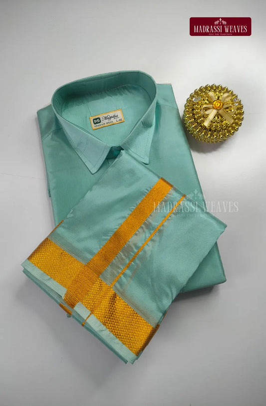 Premium Japan Silk Dhoti Set with Gold Zari - Pastel Rama