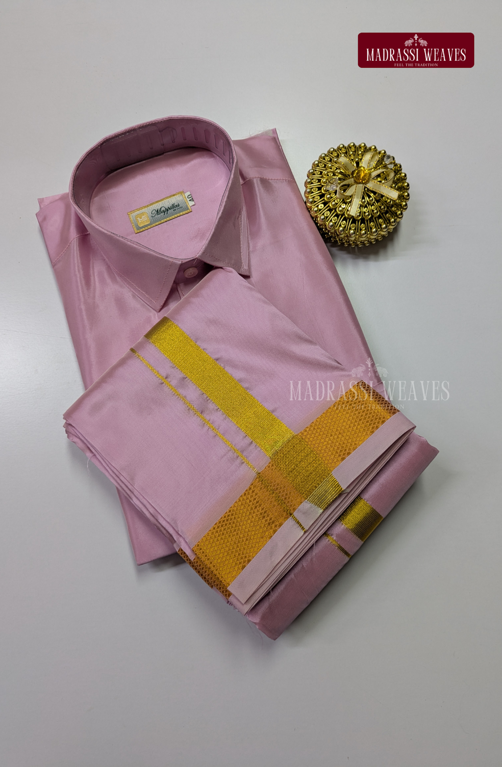 Premium Japan Silk Dhoti Set with Gold Zari - Rosy Pink