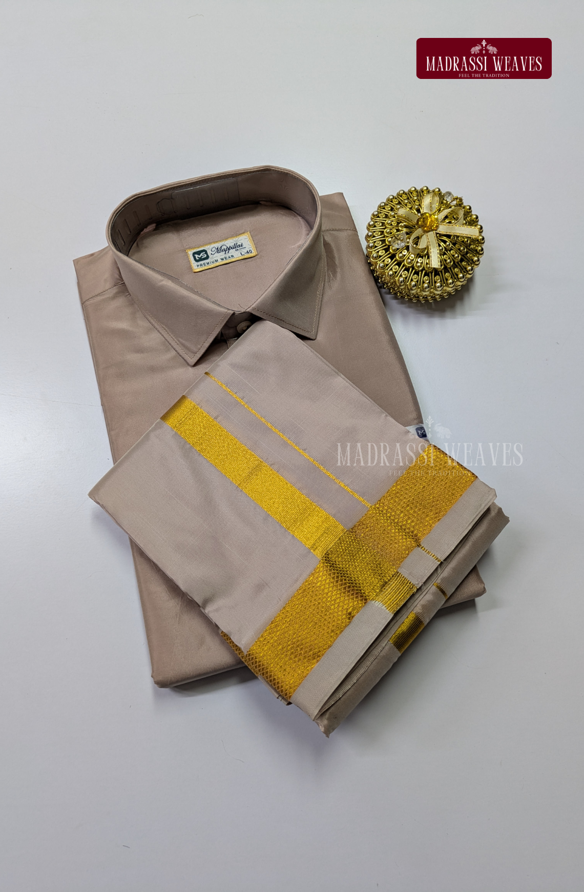 Premium Japan Silk Dhoti Set with Gold Zari - Sandstone