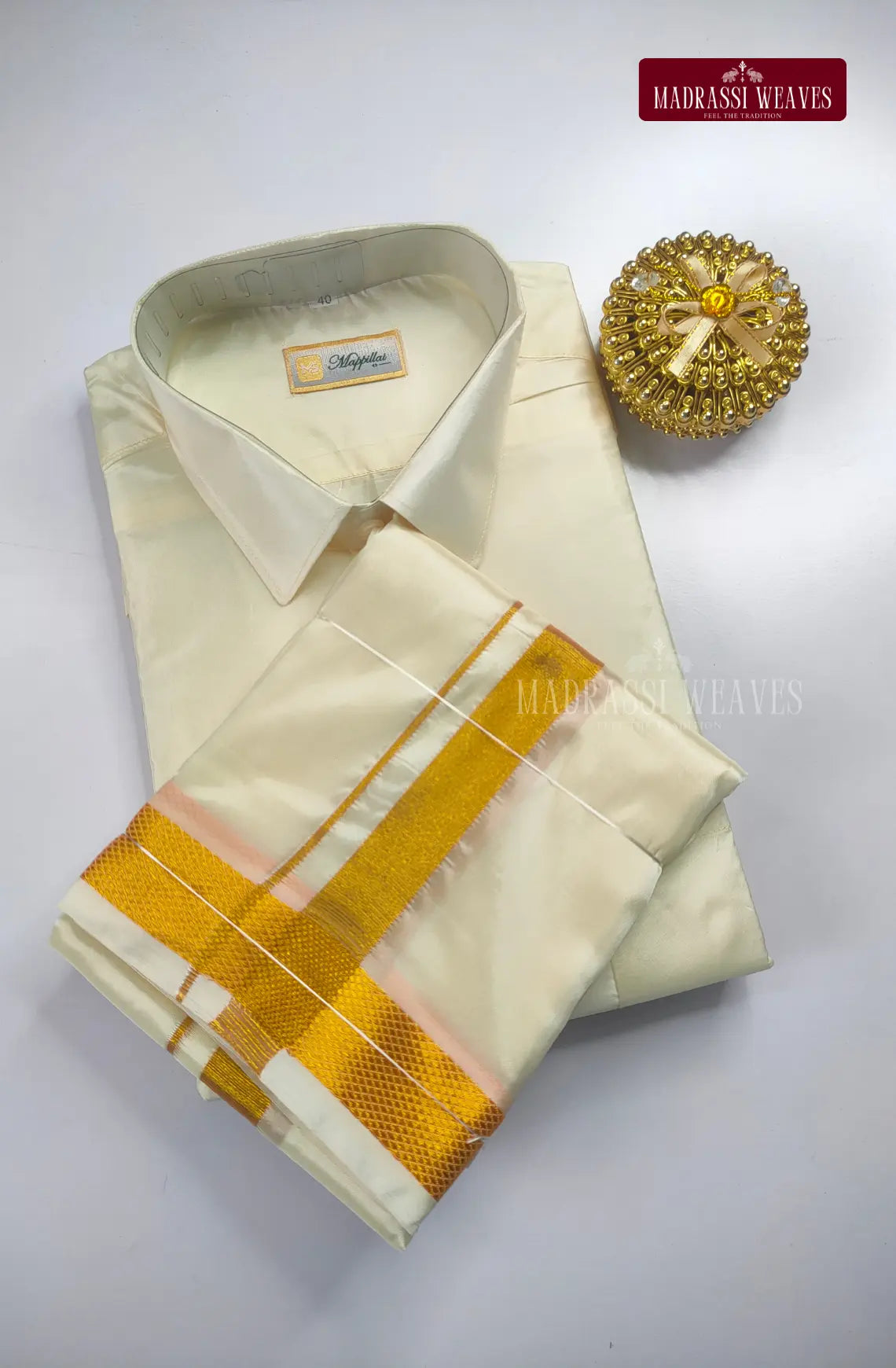 Premium Japan Silk Dhoti Set with Gold Zari - White