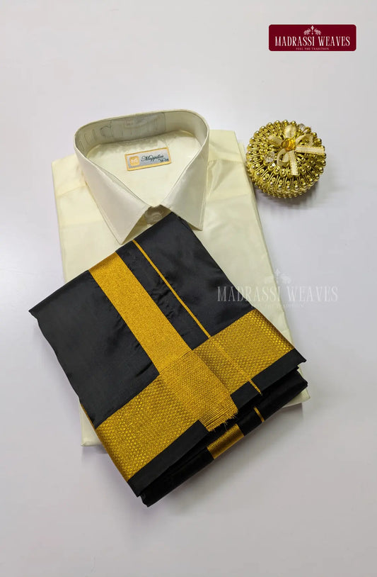 Premium Japan Silk Dhoti Set with Gold Zari - White & Black