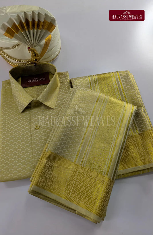Premium Men's Wedding  Tissue Silk Dhoti Set - Gold 1