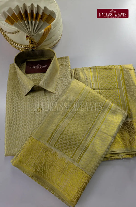 Premium Men's Wedding  Tissue Silk Dhoti Set - Gold 2