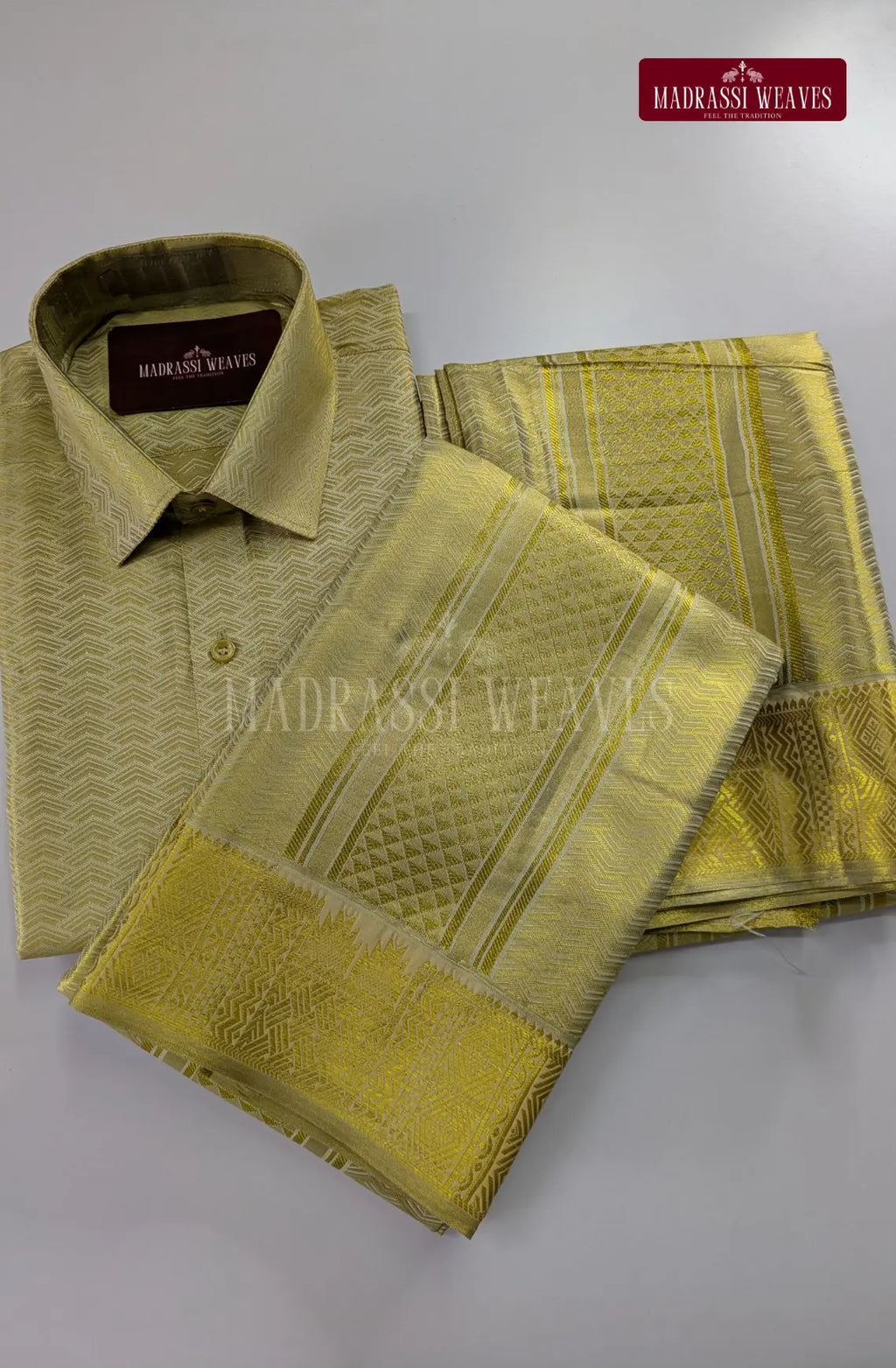 Premium Men's Wedding  Tissue Silk Dhoti Set - Gold 2