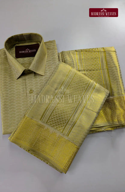 Premium Men's Wedding  Tissue Silk Dhoti Set - Gold 2