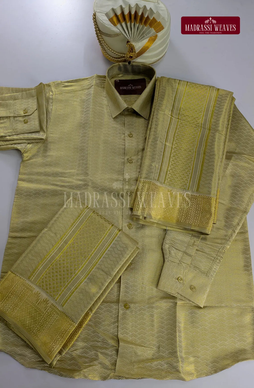 Premium Men's Wedding  Tissue Silk Dhoti Set - Gold 2