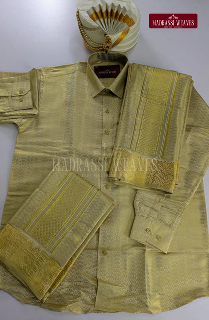 Premium Men's Wedding  Tissue Silk Dhoti Set - Gold 2