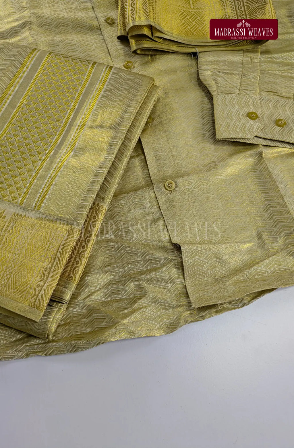 Premium Men's Wedding  Tissue Silk Dhoti Set - Gold 2