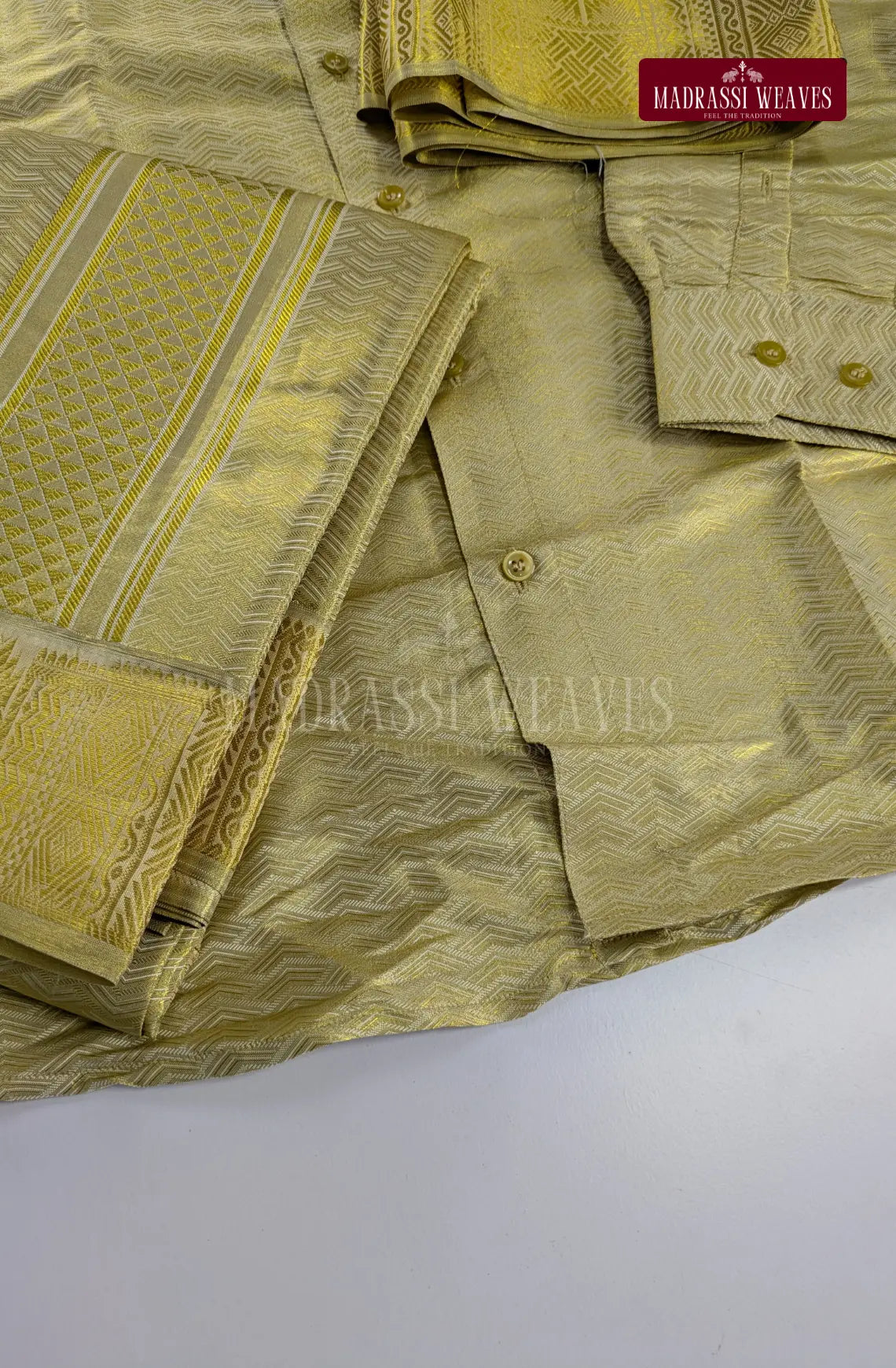 Premium Men's Wedding  Tissue Silk Dhoti Set - Gold 2