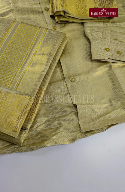 Premium Men's Wedding  Tissue Silk Dhoti Set - Gold 2