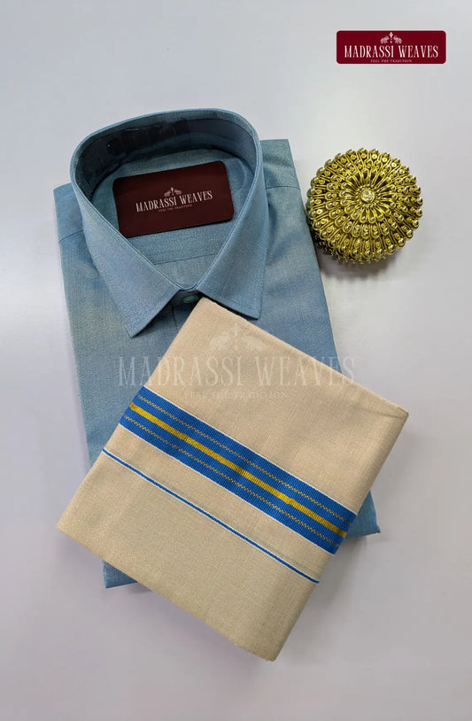 Premium Shiny Cotton Tissue Dhoti Set - Sky Blue