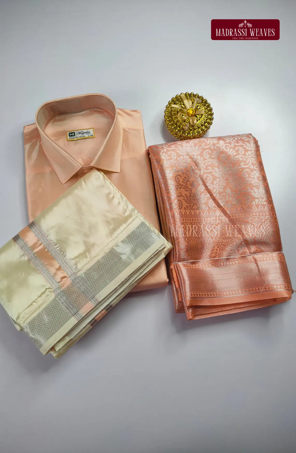 Premium Silk Couple Combo Set with Colour Zari - Peach