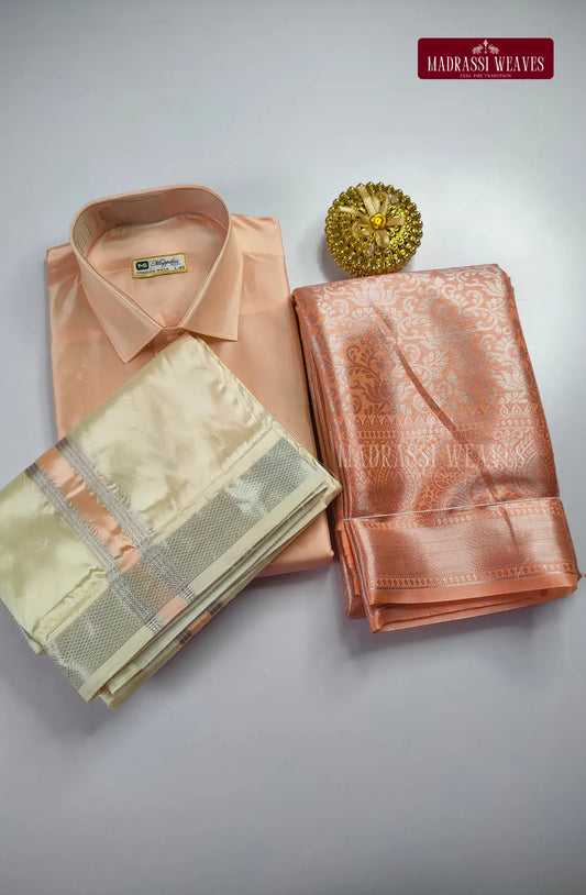 Premium Silk Couple Combo Set with Colour Zari - Peach