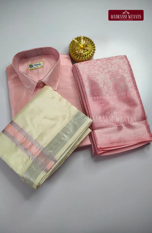 Premium Silk Couple Combo Set with Colour Zari - Pink