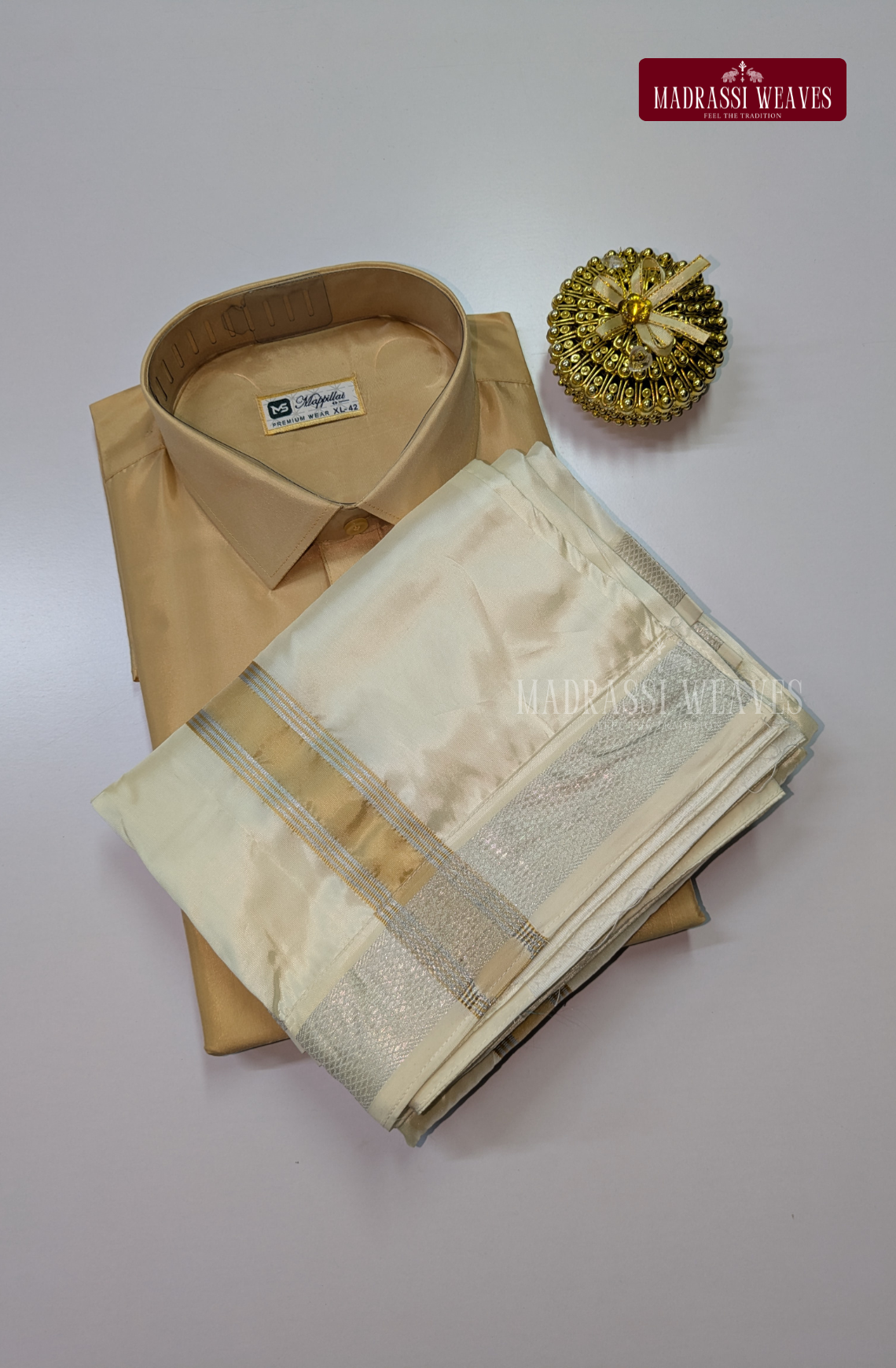 Premium Silk Dhoti Set with Colour Zari - Natural Sandal
