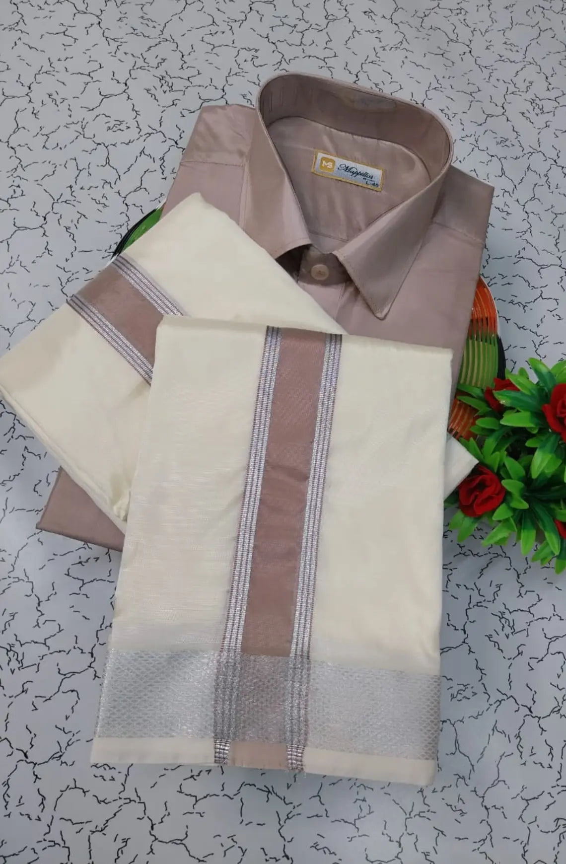 Kids Premium Silk Dhoti Set with Colour Zari - Sand Stone