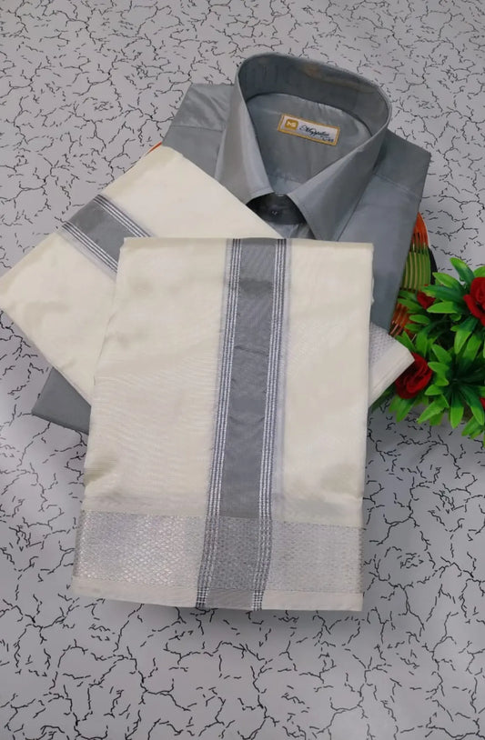 Kids Premium Silk Dhoti Set with Colour Zari - Steel Grey